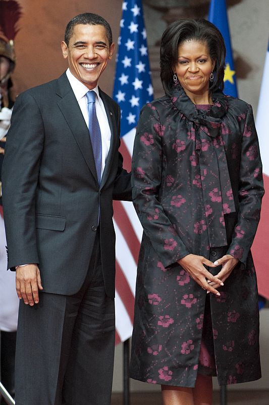 US President Obama and his wife Michelle pose at the Rohan Palace in Strasbourg