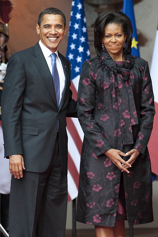 US President Obama and his wife Michelle pose at the Rohan Palace in Strasbourg