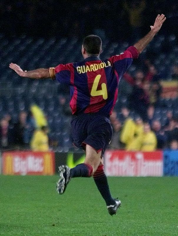 BARCELONA'S GUARDIOLA CELEBRATES GOAL AGAINST VALLADOLID.