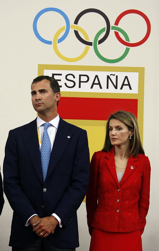 Spain's Crown Prince Felipe and Princess Letizia welcome members of Spanish Olympics team at the "Casa de Hospitalidad" in Beijing