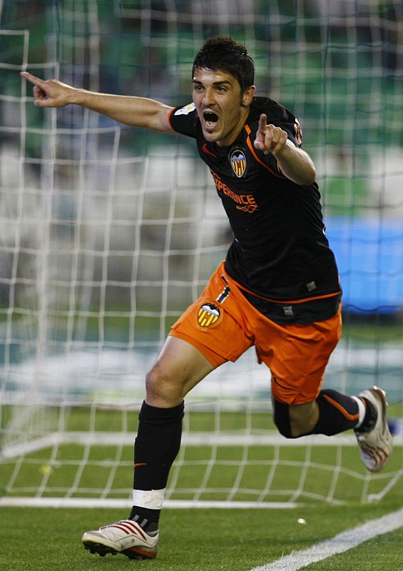 Valencia's David Villa celebrates after scoring against Real Betis in Seville