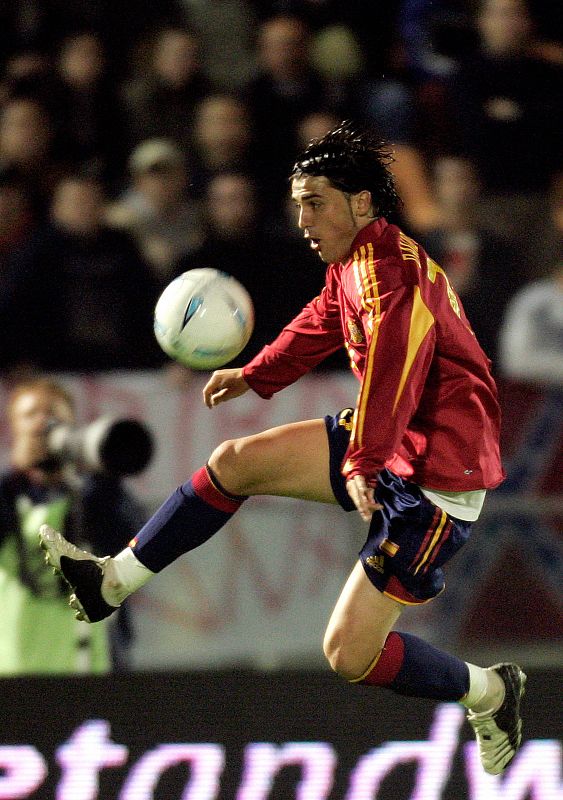 Spain's Villa jumps for the ball during a World Cup Germany 2006 qualifying soccer match against San Marino in San Marino