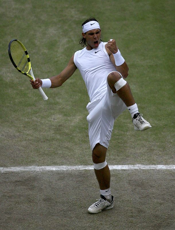 Nadal of Spain reacts during his finals match against Federer of Switzerland at the Wimbledon tennis championships in London