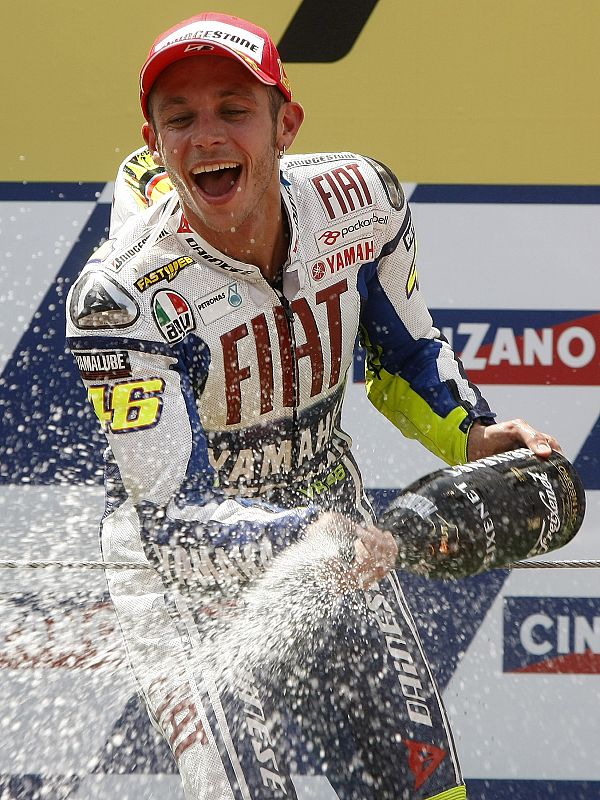 Yamaha MotoGP rider Valentino Rossi of Italy celebrates winning the Catalunya Motorcycling Grand Prix in Montmelo
