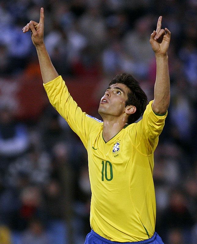 Brazil's Kaka celebrates a goal against Uruguay during their World Cup 2010 qualifying soccer match in Montevideo