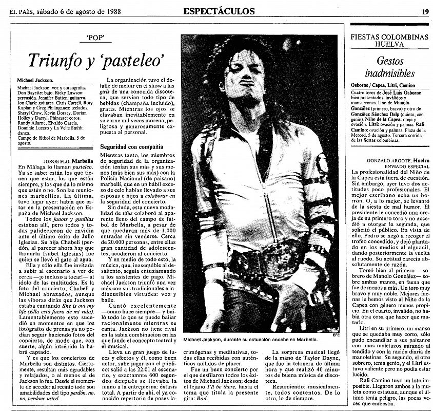Crónica del diario 'El País' dedicada al concierto que Michael Jackson dio en Marbella en 1988