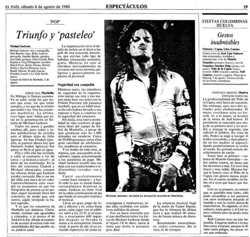  Crónica del diario 'El País' dedicada al concierto que Michael Jackson dio en Marbella en 1988