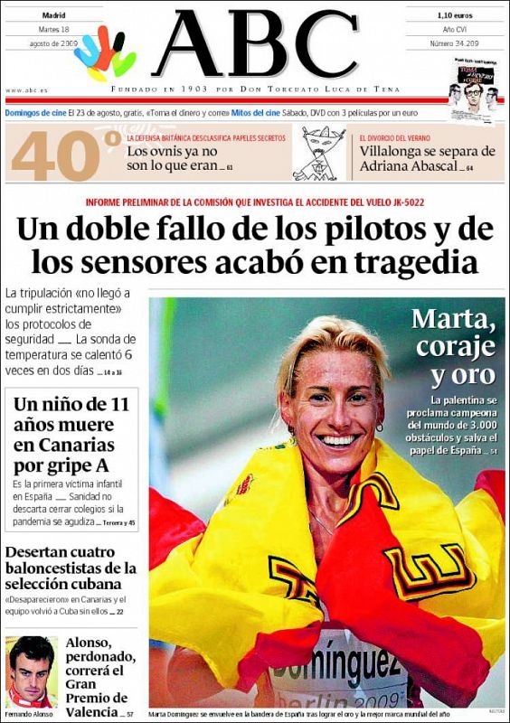 En la portada de ABC, Marta Domínguez con la bandera de España tras su victoria en los 3000.
