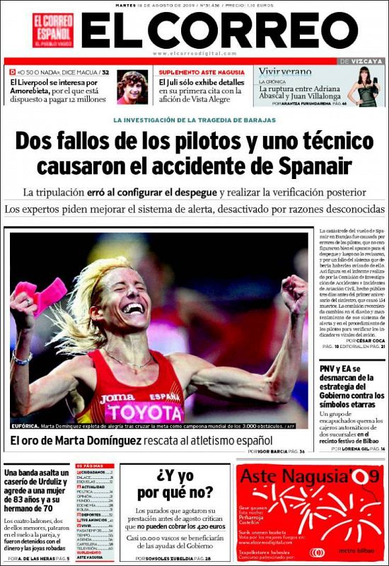 En la portada de Correo, la española celebrando su triunfo.