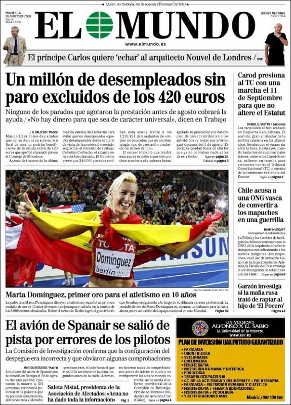 En la portada de El Mundo, Marta Domínguez celebrando el oro que tanto deseaba.