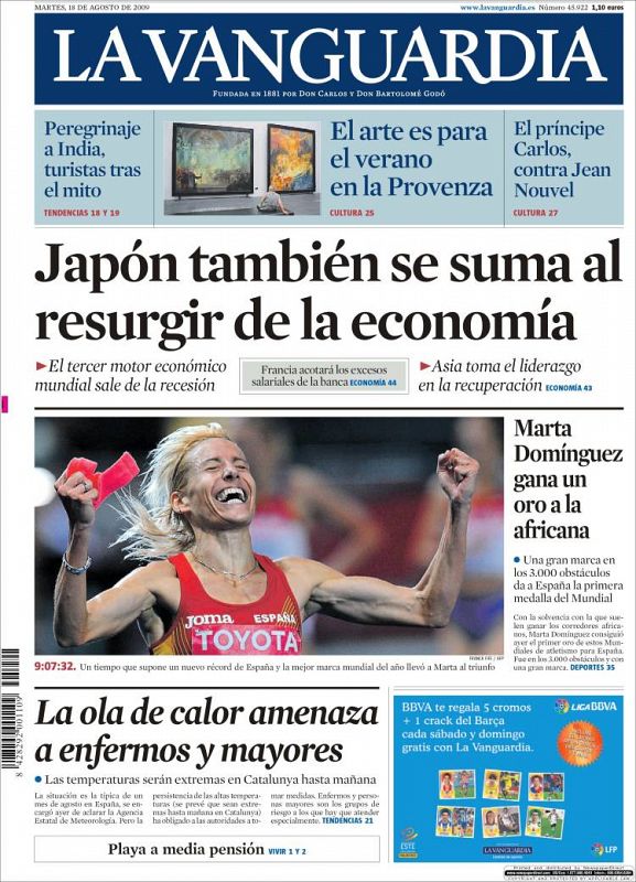 En la portada de La Vanguardia, Marta Domínguez con los brazos en alza celebrando su victoria.