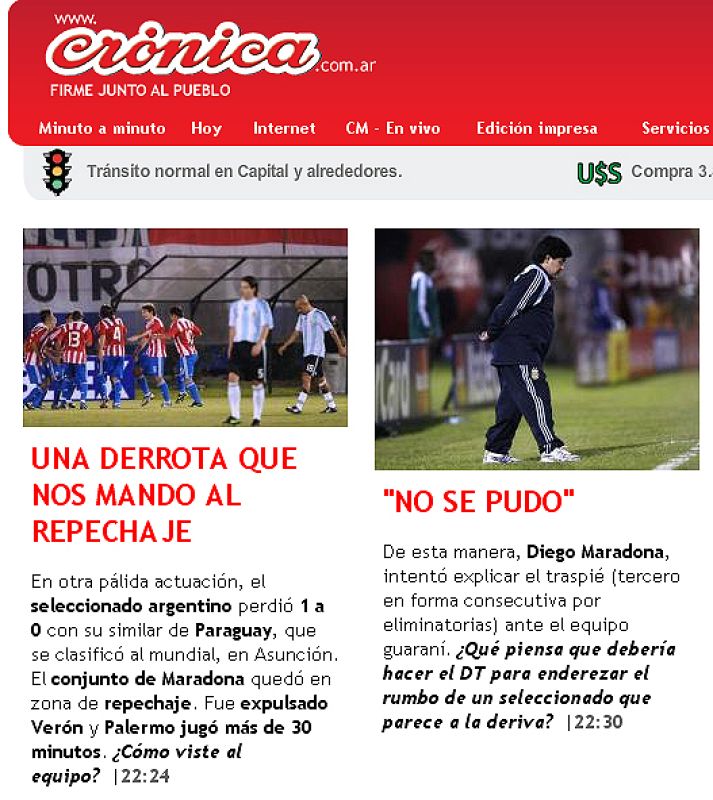 El diario crónica no es ajeno a la derrota de Argentina ante Paraguay tras una pálida actuación del equipo que dirige Maradona.