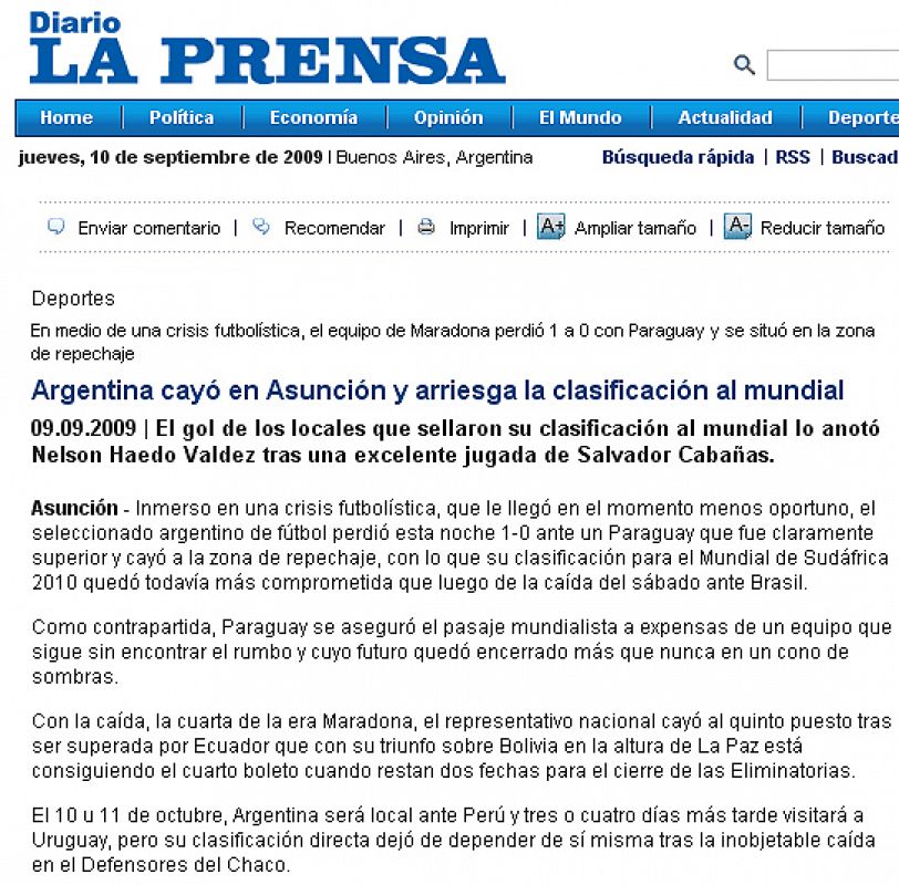El Diario la Prensa titula "Argentina cayó en Asunción y arriesga la clasificación al mundial".
