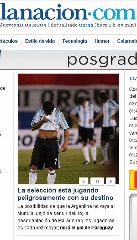El diario La Nación critica el juego de Argentina y pone el acento en que la selección está ahora en manos de otros para clasificarse para el mundial.