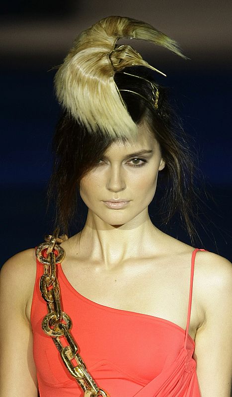 A model displays an outfit from designer Nicolas Vaudelet's Spring/Summer 2010 collection during Cibeles Madrid Fashion Week in Madrid