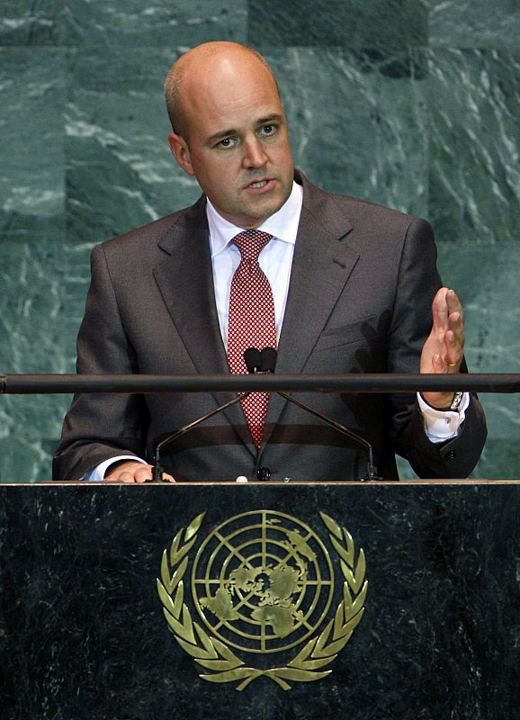 Sweden's Prime Minister Fredrik Reinfeldt addresses the 64th United Nations General Assembly at the U.N.headquarters in New York