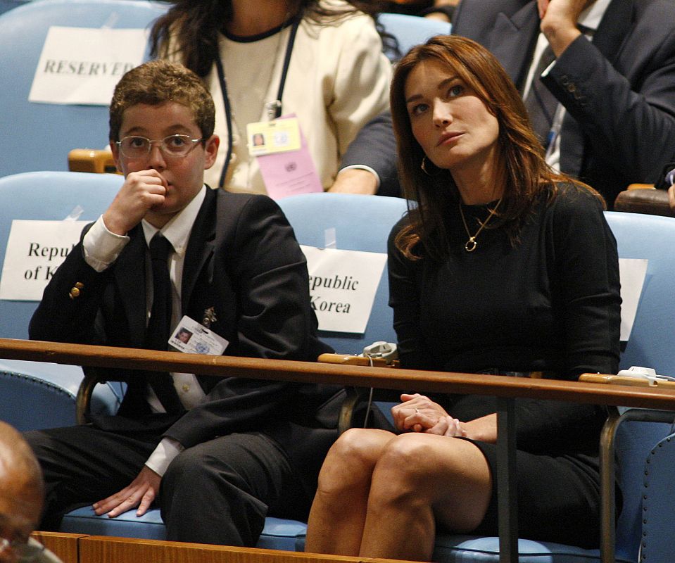 Carla Bruni-Sarkozy and son Louis attends the 64th United Nations General Assembly at the U.N. headquarters in New York