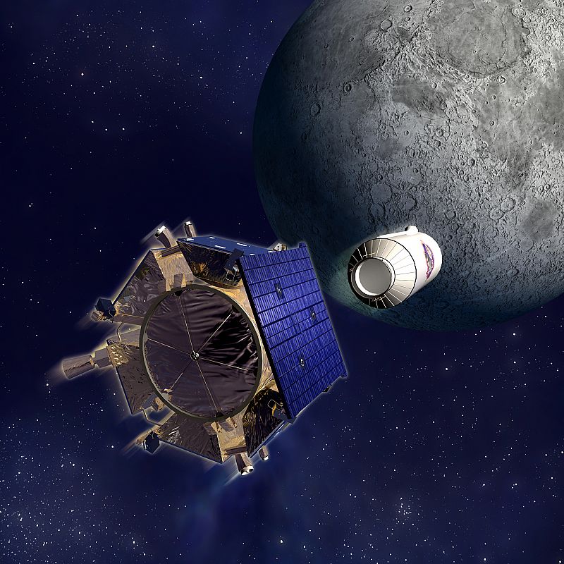 Recreación artística de la sonda LCROSS y el cohete centauro, que ha impactado en primer lugar sobre la Luna