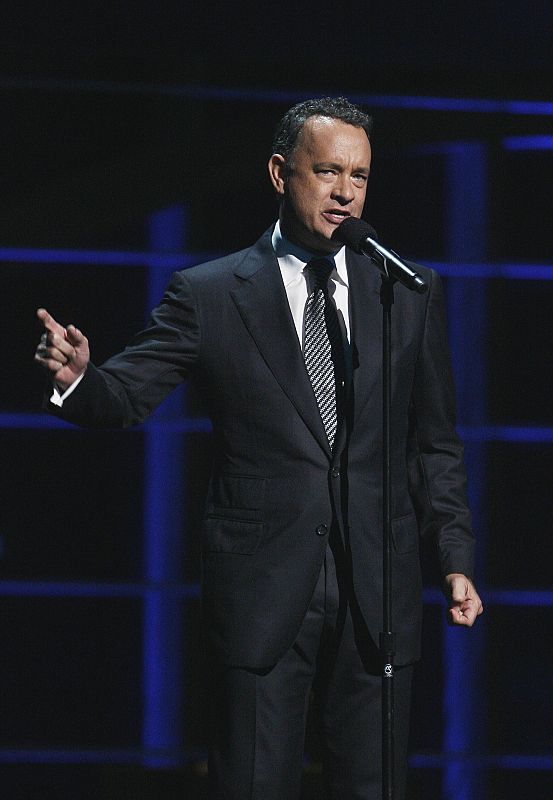 Actor Tom Hanks speaks during the first of two 25th Anniversary Rock & Roll Hall of Fame concerts in New York