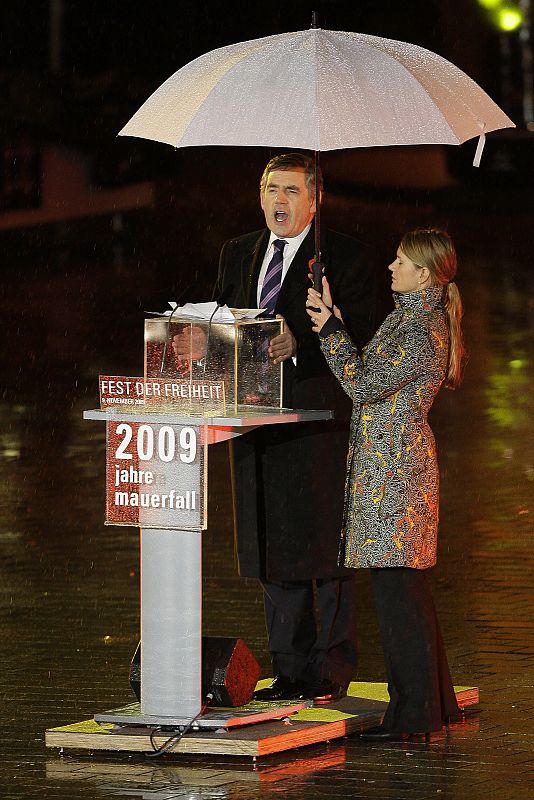 British Prime Minister Brown speaks at the Brandenburg Gate in Berlin during celebrations to mark the 20th anniversary of the fall of the Berlin Wall