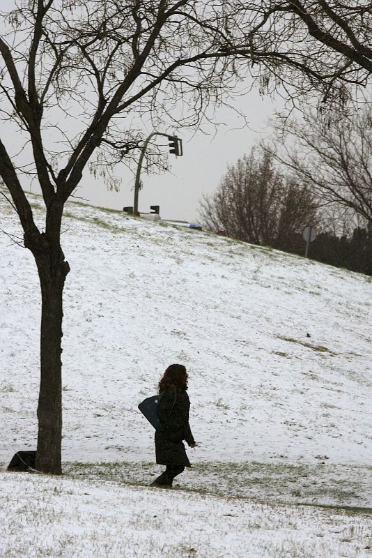 Una mujer camina por un parque nevado en la zona de Palomeras- Moratalaz de la ciudad de Madrid.