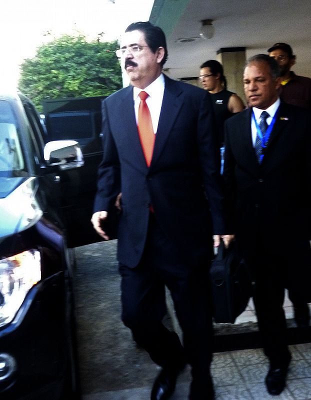 Toppled Honduran President Manuel Zelaya leaves the Brazilian embassy in Tegucigalpa