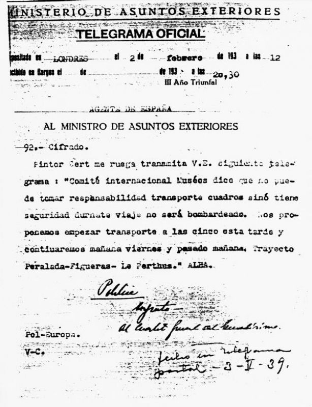 Telegrama del 2 de febrero de 1939 del duque de Alba, agente de Franco en Londres, solicitando la paralización de los bombardeos en la zona de evacuación del patrimonio artístico. Archivo del Ministerio de Asuntos Exteriores, Madrid.