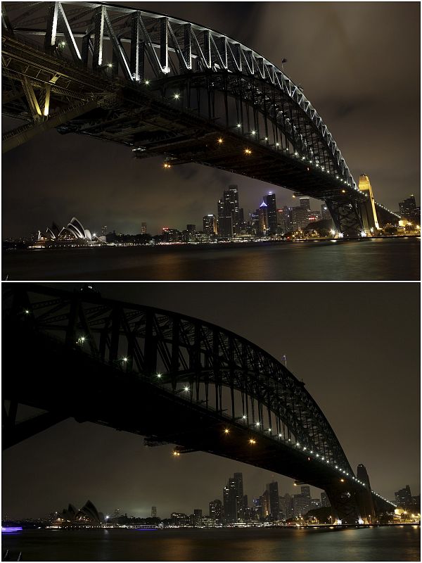 A combination photo shows the Sydney Harbour skyline before and during Earth Hour