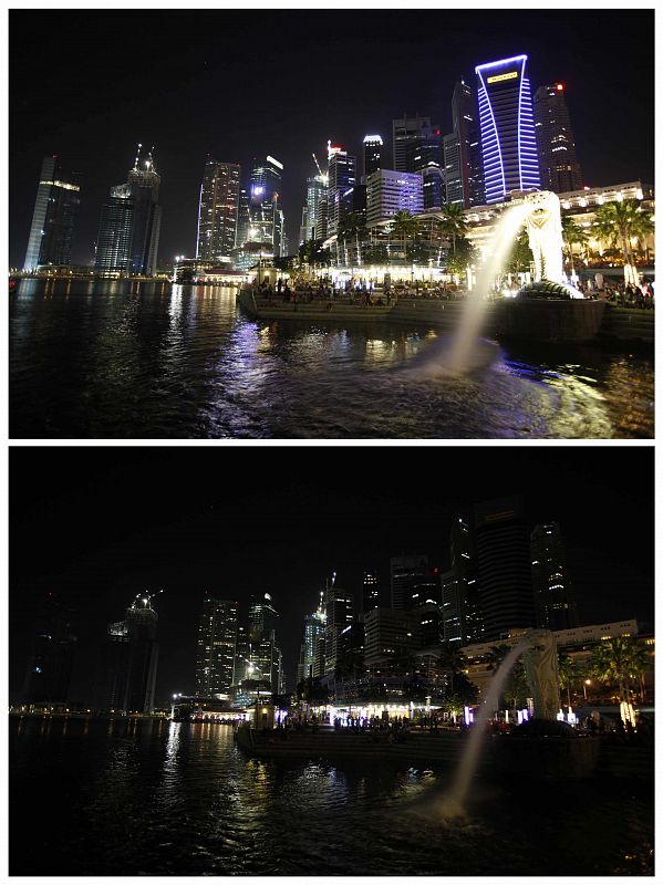 A combination photograph shows buildings in the central business district before and after Earth Hour in Singapore