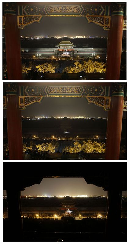 A combination picture shows a view of the Forbidden City before and after Earth Hour in Beijing