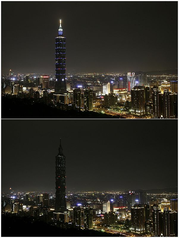 A combination picture shows a view of the Taipei skyline with the Taipei 101 building before and during Earth Hour