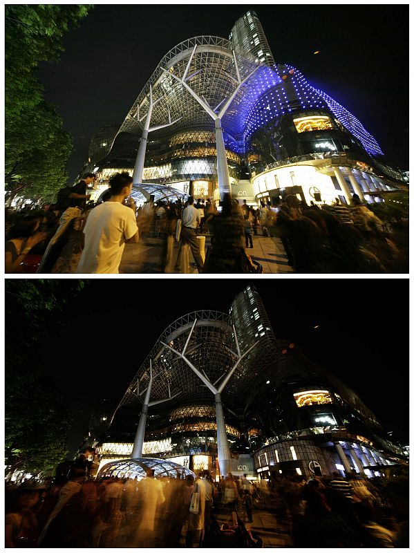 Combination picture of Ion Orchard before and during Earth Hour in Singapore