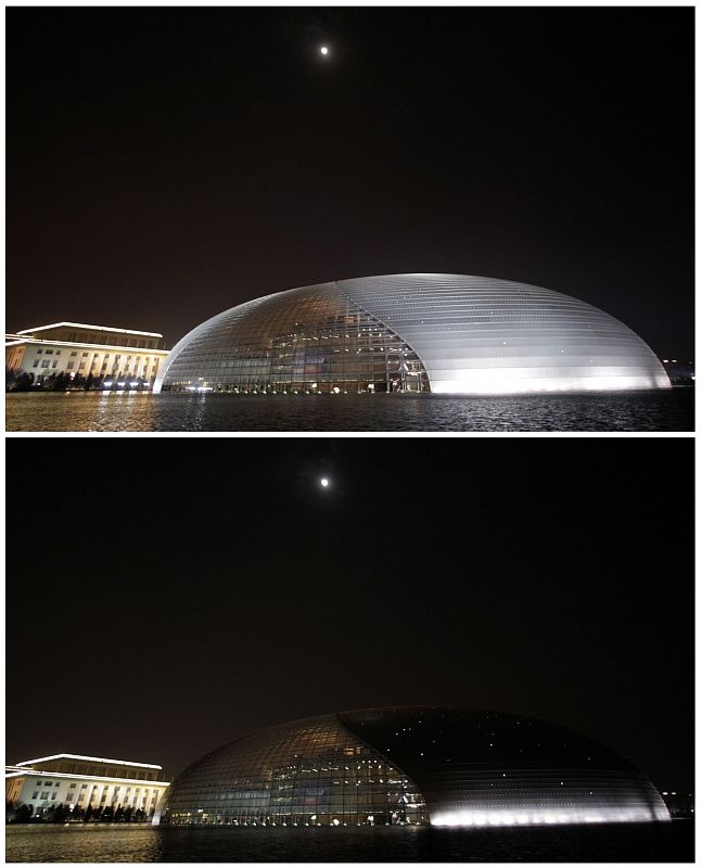 Combination picture shows Beijing's National Grand Theater before and during Earth Hour