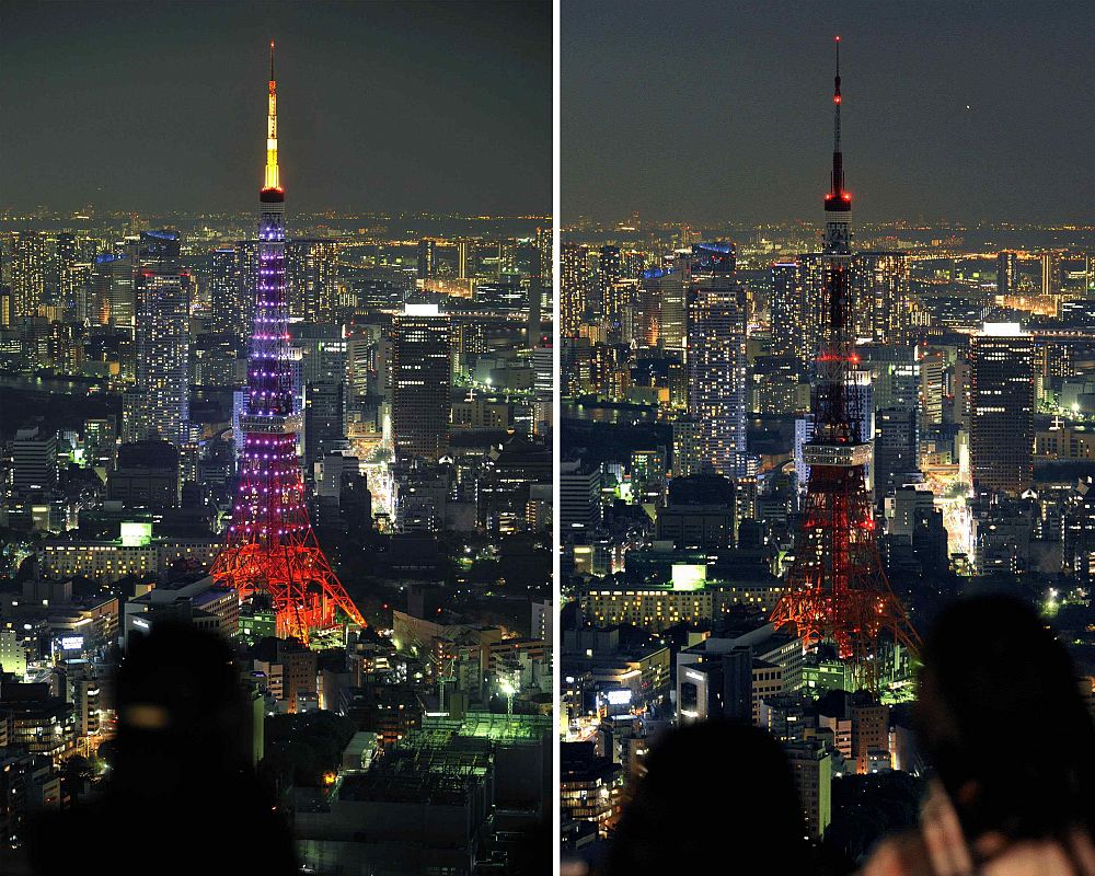 Combination picture shows the Tokyo Tower before and during Earth Hour in Tokyo