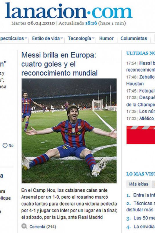 El diario argentino 'La Nación' apunta al reconocimiento mundial que ha conseguido Messi con los cuatro goles ante el Arsenal.