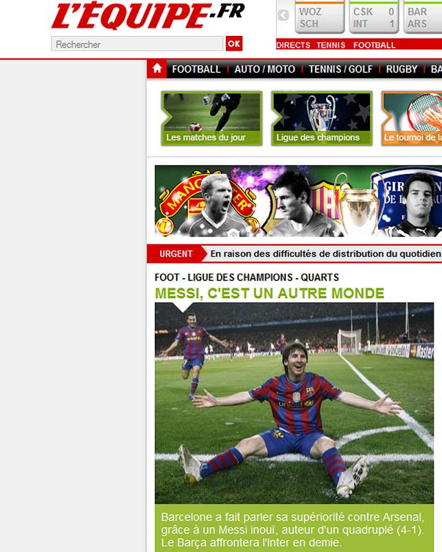 En Francia, la edición digital del periódico 'L'Equipe' también califica a Messi de extraterrestre al asegurar que es de otro mundo.