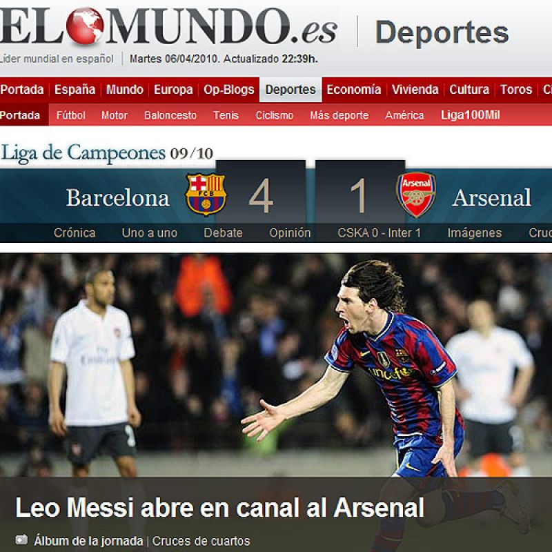 El diario El Mundo titula: "Leo Messi abre en canal al Arsenal", destacando la memorable actuación del jugador azulgrana.