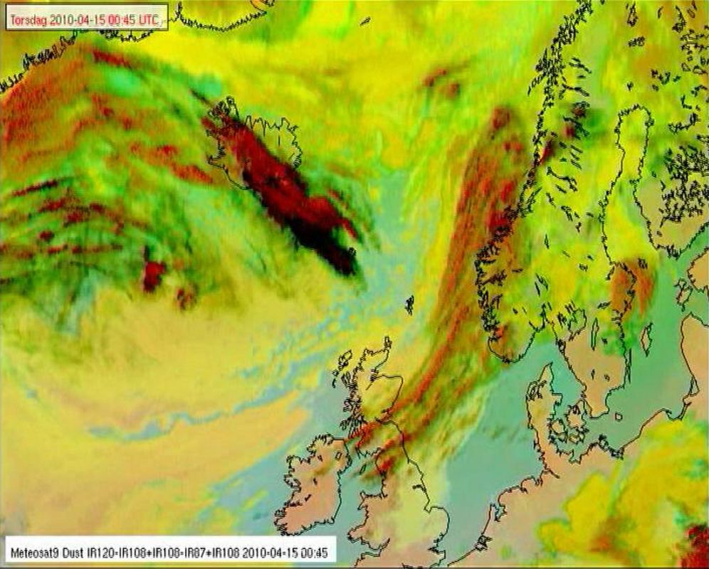 A cloud of volcanic ash is seen spreading from the southern side of Iceland in this handout satellite photograph