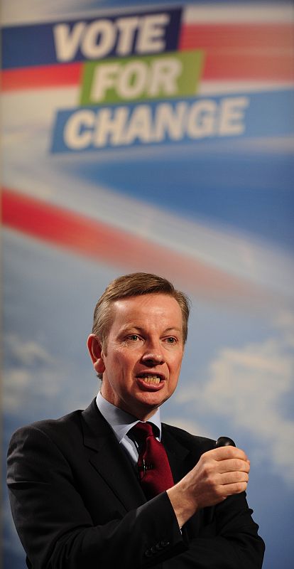 Britain's Conservative Party shadow secretary of state for children, schools and families Michael Gove speaks at an election news conference in central London