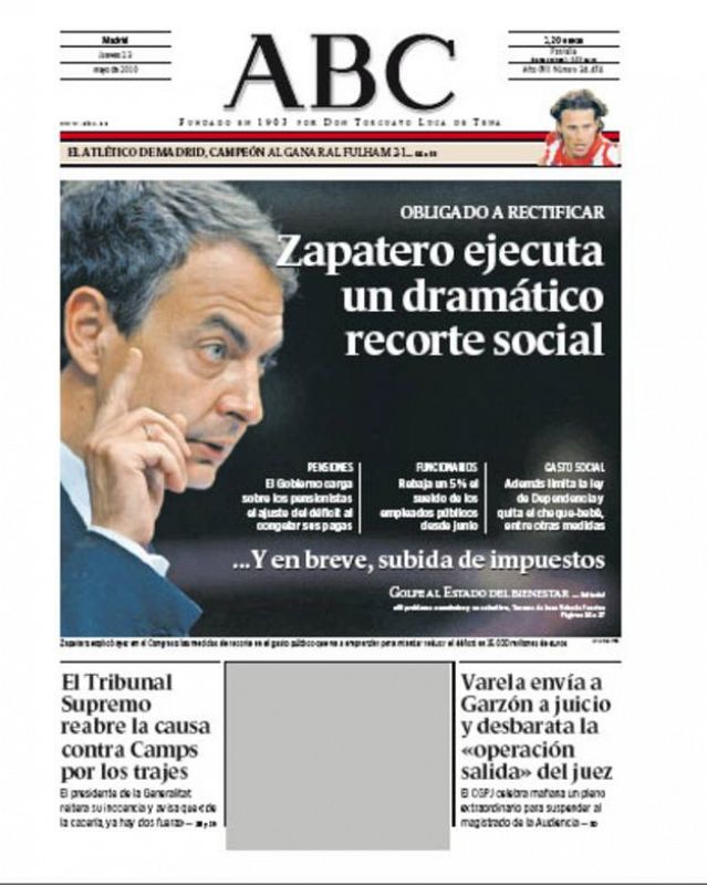 'ABC': "Zapatero ejecuta un dramático recorte social"