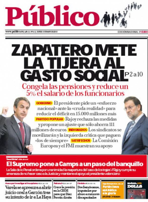 'Público': "Zapatero mete la tijera al gasto social"