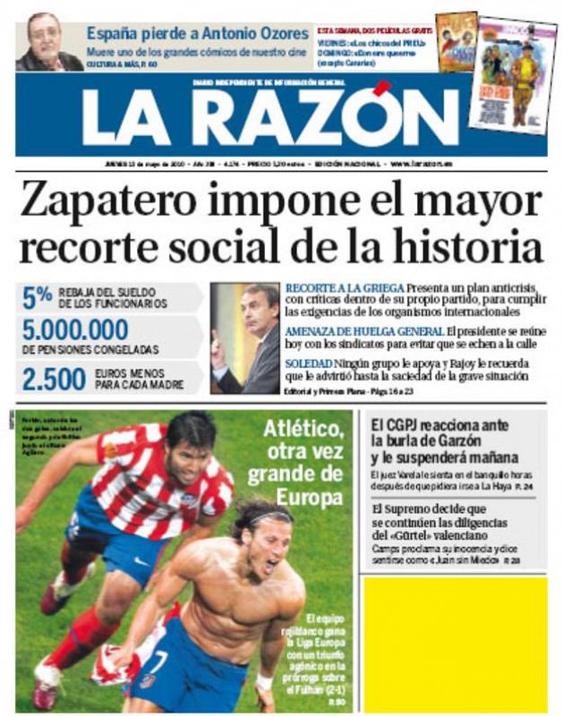 La Razón': "Zapatero impone el mayor recorte social de la historia"