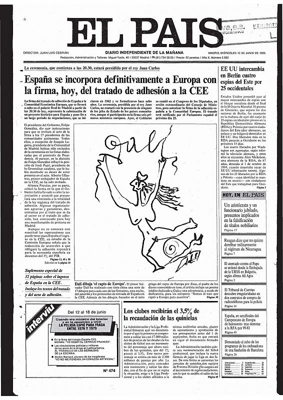 Portada del diario El Pais del 12 de junio de 1985.