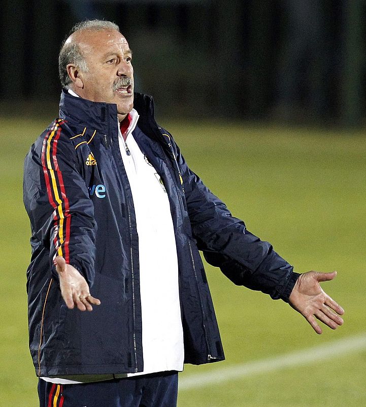 Vicente del Bosque realiza algunas correcciones sus jugadores durante el entrenamiento en Sudáfrica.