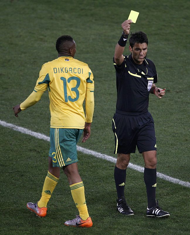 South Africa's Dikgacoi receives a yellow card during the 2010 World Cup Group A soccer match against Uruguay at Loftus Versfeld stadium in Pretoria