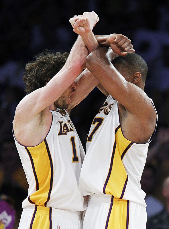 Lakers' Gasol and Bynum celebrate against the Celtics during Game 2 of the 2010 NBA Finals basketball series in Los Angeles