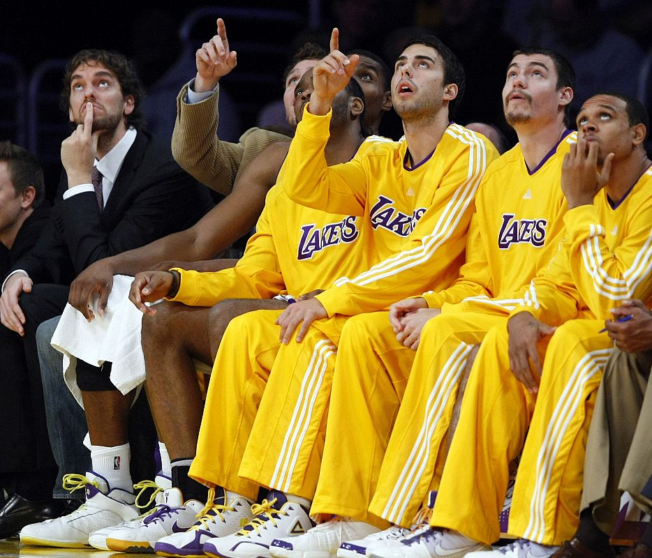 Los Angeles Lakers Pau Gasol of Spain sits on the bench during the second half of their NBA basketball game against the Detroit Pistons  in Los Angeles