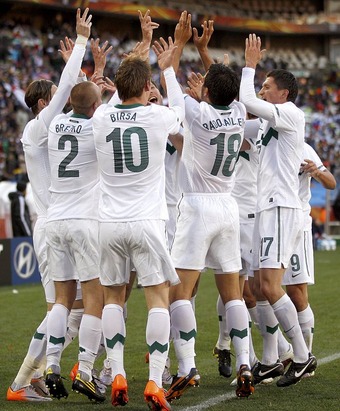 Slovenia's Valter Birsa celebrates with his teammates after his goal during a 2010 World Cup Group C soccer match against the U.S. at Ellis Park stadium