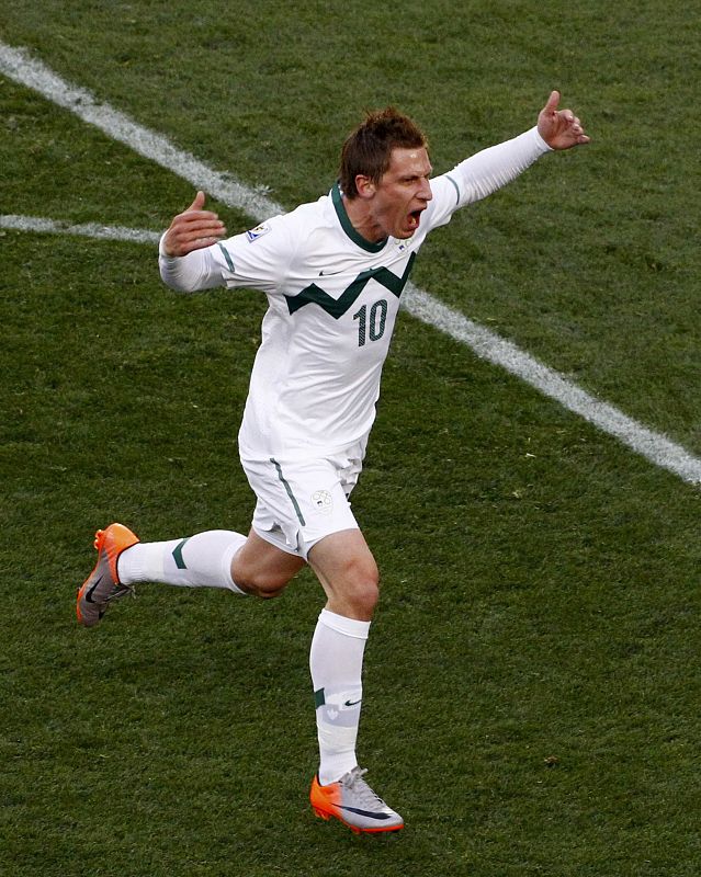 Slovenia's Birsa celebrates after scoring against the US during a 2010 World Cup Group C soccer match at Ellis Park stadium in Johannesburg