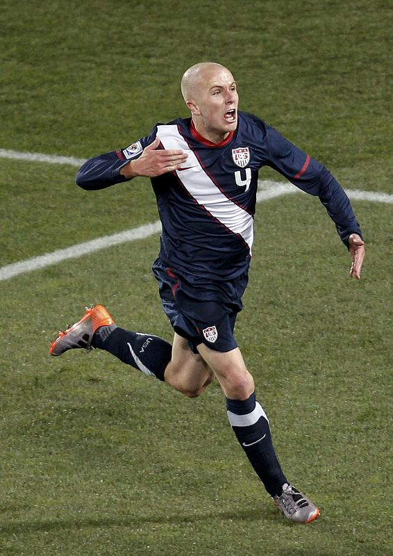 Bradley of the US celebrates after scoring a goal during a 2010 World Cup Group C soccer match against Slovenia in Johannesburg